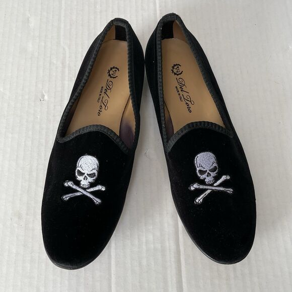 Del Toro Black Velvet Loafers Skull & Crossbones Size 9 Slip On Flats Italy Made main image 6